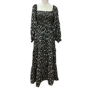 Elloh Black Romantic Floral Smocked Top Tiered Maxi Dress Size M